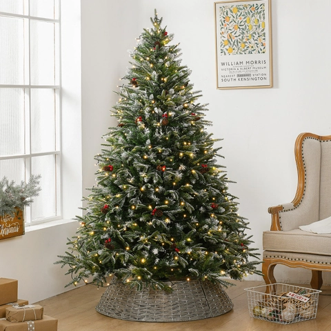 Albero Di Natale Artificiale Con Neve Floccata Pigne Bacche Rosse E Luci LED PVC PE Decorazione Natalizia Da Interni