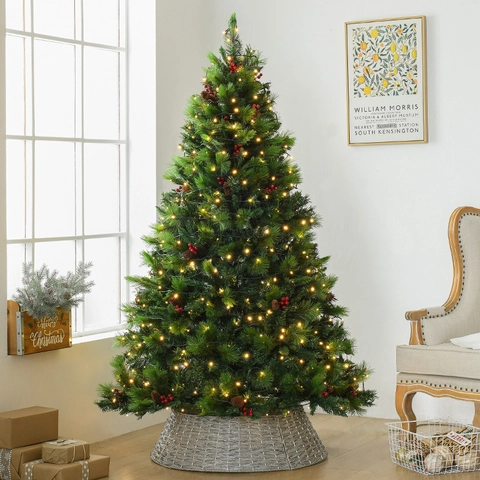Artificial Christmas Tree With Warm LED Lights Red Berries Pine Cones And Woven Base Green PVC PE Festive Holiday Decor