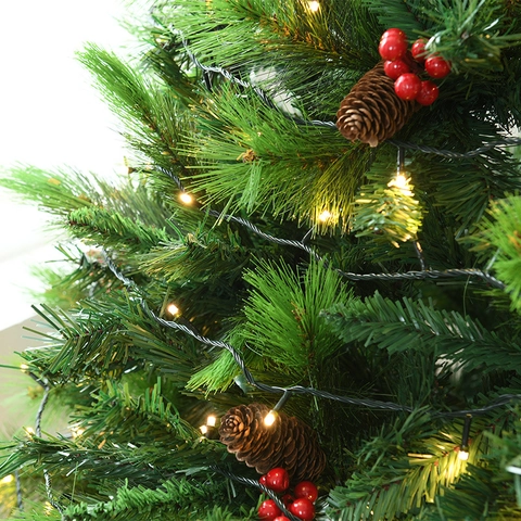 Artificial Christmas Tree With Warm LED Lights Red Berries Pine Cones And Woven Base Green PVC PE Festive Holiday Decor