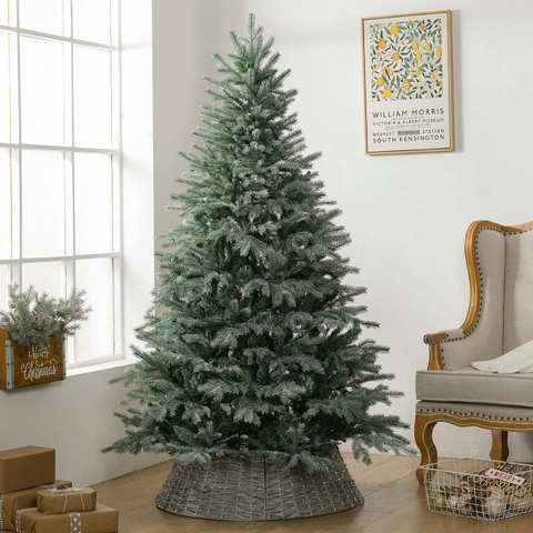 Künstlicher Weihnachtsbaum Vorbeleuchtet Warmweiße LED Lichter Beflockter Schnee Realistisches PE PVC Gewebter Sockel Dekor