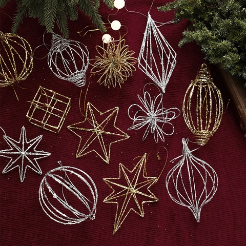 Glitter IJzer Holle Kerst Hangers Voor Boom Ster Bal Druppel Vormen Feestelijke Vakantie Huis Decoratie Goud Zilver Metaal Kerst Ornament