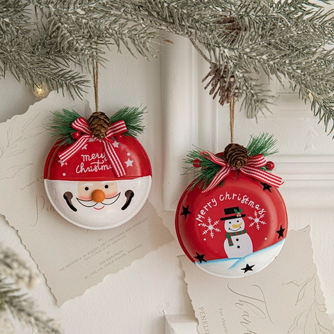 Ornamenti Campana Di Natale Metallo Ferro Babbo Natale Pupazzo Di Neve Pendente Con Pigne Nastri Decorazioni Albero