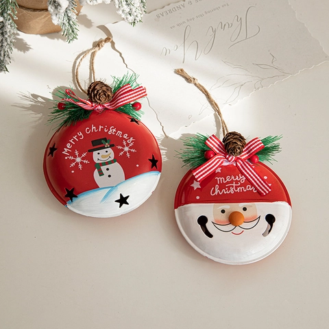 Ornamenti Campana Di Natale Metallo Ferro Babbo Natale Pupazzo Di Neve Pendente Con Pigne Nastri Decorazioni Albero
