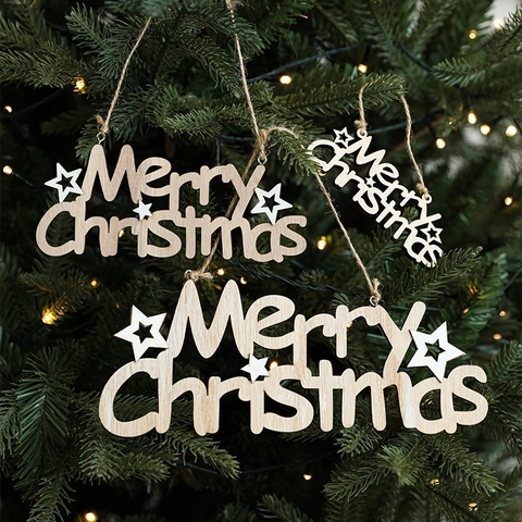 Wooden Merry Christmas Hanging Sign Letter Ornament For Christmas Tree Decoration Star Holiday Home Party Decor