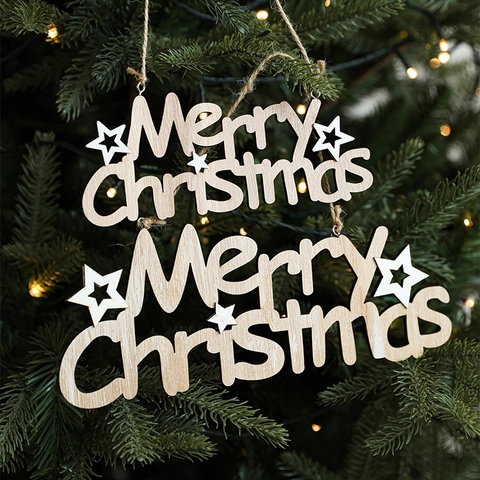 Wooden Merry Christmas Hanging Sign Letter Ornament For Christmas Tree Decoration Star Holiday Home Party Decor