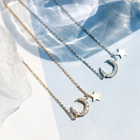 Collier Pendentif Étoile Lune Cuivre Avec Zircon Bijoux De Chaîne De Clavicule Minimaliste Pour Femmes Style Élégant Doux