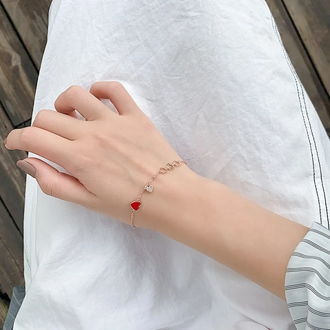 Pulsera De Eslabones De Corazón De Cobre Con Esmalte Rojo Y Pedrería Diseño Hueco Joyería Ajustable Para Mujer