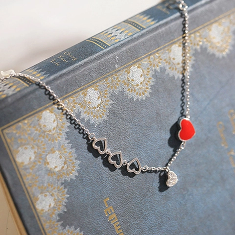 Pulsera De Eslabones De Corazón De Cobre Con Esmalte Rojo Y Pedrería Diseño Hueco Joyería Ajustable Para Mujer