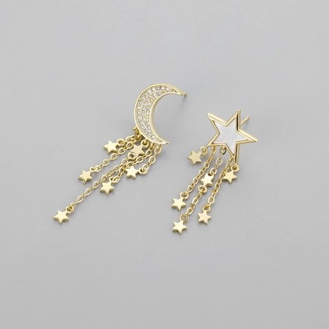 Boucles D Oreilles Pendantes Asymétriques Étoile Lune À Gland Avec Tige En Argent Cuivre Plaqué Or Bijoux Pour Femmes