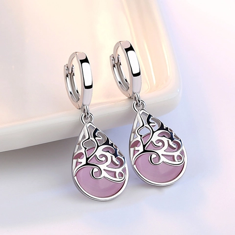 Versilberte Kupfer Ohrringe Wassertropfen Mit Hohlmuster Und Katzenauge 925 Sterling Silber Ohrstecker Für Damen