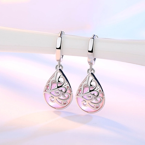 Versilberte Kupfer Ohrringe Wassertropfen Mit Hohlmuster Und Katzenauge 925 Sterling Silber Ohrstecker Für Damen