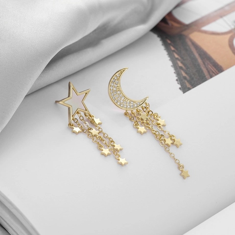 Boucles D Oreilles Pendantes Asymétriques Étoile Lune À Gland Avec Tige En Argent Cuivre Plaqué Or Bijoux Pour Femmes