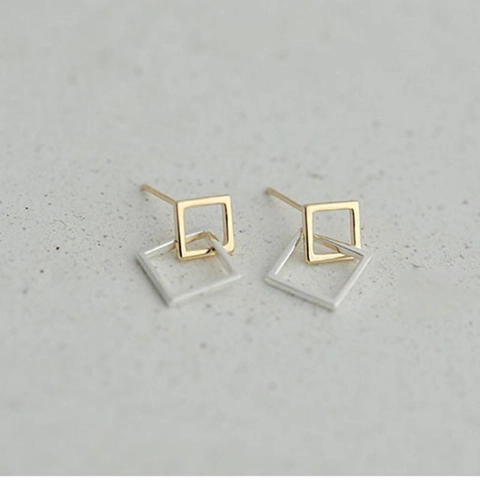 Geometric Interlocking Hollow Square Stud Earrings Two Tone Plated Brass With 925 Sterling Silver Earring Post For Women