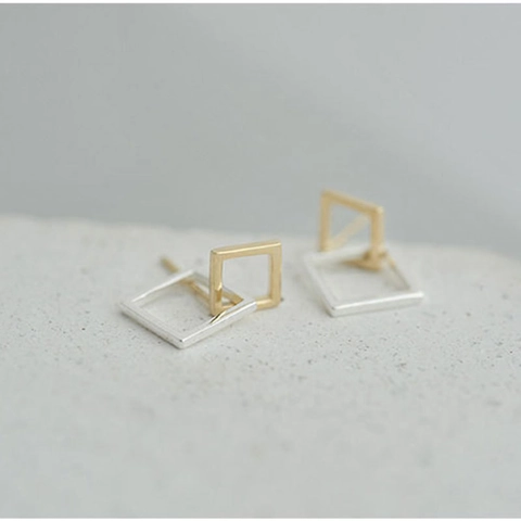 Geometric Interlocking Hollow Square Stud Earrings Two Tone Plated Brass With 925 Sterling Silver Earring Post For Women
