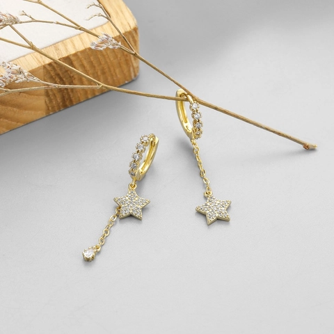 Asymmetric Star Dangle Earrings Gold Plated Copper With 925 Sterling Silver Earring Post Zirconia Long Chain Tassel