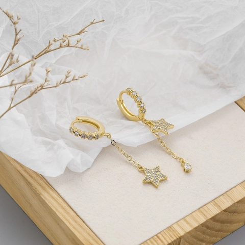 Asymmetric Star Dangle Earrings Gold Plated Copper With 925 Sterling Silver Earring Post Zirconia Long Chain Tassel