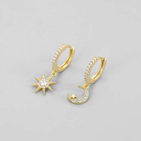 Simple Copper Zirconia Asymmetric Star Moon Hoop Earrings With 925 Sterling Silver Earring Post For Women Versatile Jewelry Gift