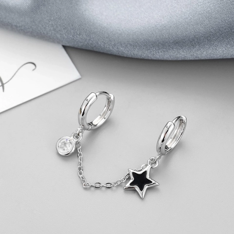 Star Pendant Double Piercing Hoop Earrings With Chain Link Copper Silver Plated Round Cubic Zirconia Minimalist Gothic Style For Women