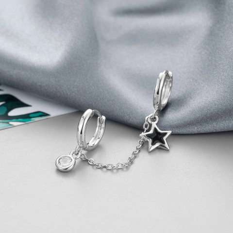 Star Pendant Double Piercing Hoop Earrings With Chain Link Copper Silver Plated Round Cubic Zirconia Minimalist Gothic Style For Women