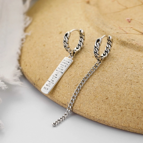 Vintage Asymmetric Hoop Earrings Copper With 925 Sterling Silver Earring Post Long Chain Square Tag Distressed Retro Style