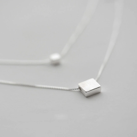 Minimalist Geometric Cube 925 Sterling Silver Pendant Necklace For Women Multi Layer Copper Box Chain Jewelry