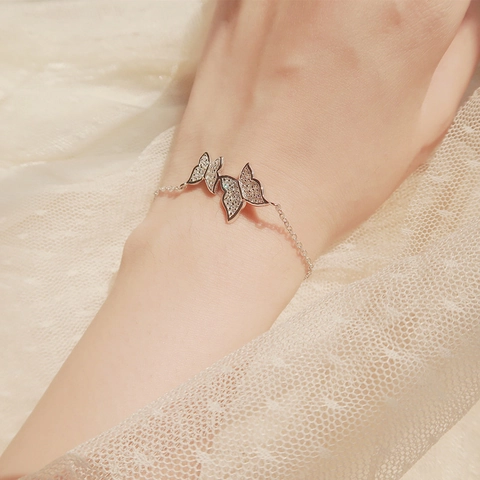 Double Butterfly Bracelet Silver Plated Copper Pavé Zircon Sweet Elegant Adjustable Jewelry For Women