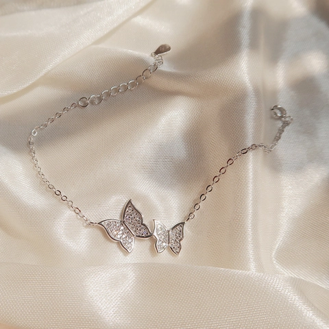 Double Butterfly Bracelet Silver Plated Copper Pavé Zircon Sweet Elegant Adjustable Jewelry For Women