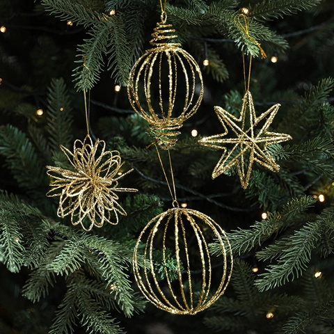 Ornamenti Appesi Albero Di Natale Oro Ferro Glitter Cavo Stella Palla Goccia Decorazione Festiva Natalizia