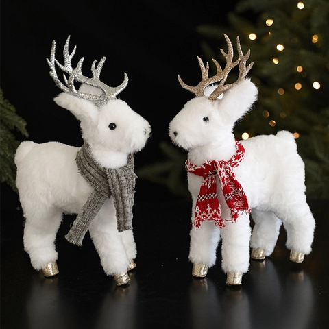 Christmas Reindeer Figurine White Plush Elk Ornament With Glitter Antlers Knitted Scarf Festive Desktop Home Decor