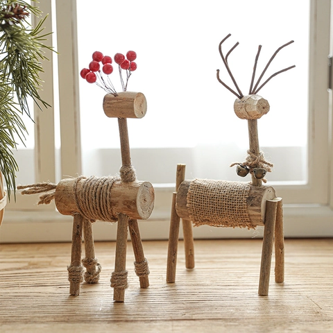 Christmas Wooden Reindeer Ornament Handmade Rustic Wood Elk Figurine With Burlap And Bells Tabletop Festive Home Decor