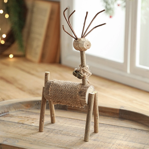 Christmas Wooden Reindeer Ornament Handmade Rustic Wood Elk Figurine With Burlap And Bells Tabletop Festive Home Decor