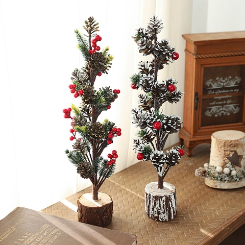 Mini Albero Di Natale Artificiale Piccolo Ornamento Da Scrivania Con Pigne Bacche Rosse E Neve Per Decorazione Casa Ufficio