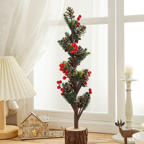 Mini Albero Di Natale Artificiale Piccolo Ornamento Da Scrivania Con Pigne Bacche Rosse E Neve Per Decorazione Casa Ufficio