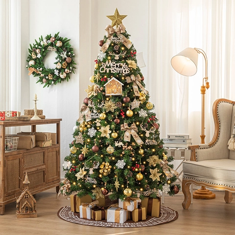 Artificial Christmas Tree With Ornaments String Lights And Tree Skirt Luxury Modern Indoor Home Floor Decoration PVC Plastic