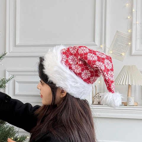 Cappello Di Babbo Natale Natale Peluche Bordo Bianco Pompon Maglia Motivo Fiocco Di Neve Accessori Invernali Festa