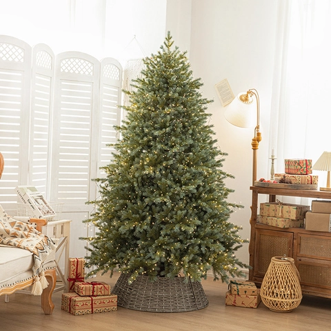 Deluxe Artificial PE Christmas Tree With LED Lights And Woven Tree Collar Base For Home Indoor Festive Party Decoration