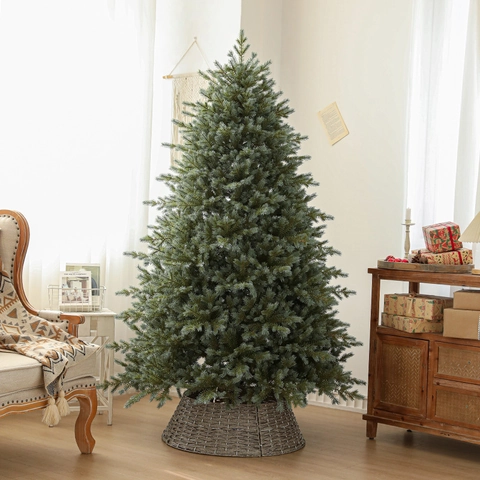 Deluxe Artificial PE Christmas Tree With LED Lights And Woven Tree Collar Base For Home Indoor Festive Party Decoration