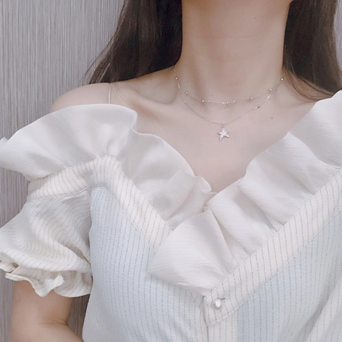 Collana Con Ciondolo A Stella A Doppio Strato Per Donna Zircone Incastonato Stella A Cinque Punte Catena A Sfere Gioielli In Rame Argentato