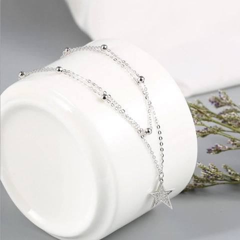 Collana Con Ciondolo A Stella A Doppio Strato Per Donna Zircone Incastonato Stella A Cinque Punte Catena A Sfere Gioielli In Rame Argentato