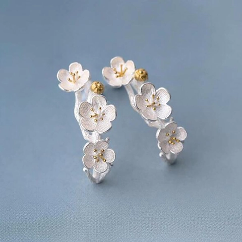 Cherry Blossom Necklace Earrings Ring Bracelet Copper With 925 Sterling Silver Earring Post Romantic Elegant Flower Branch For Women