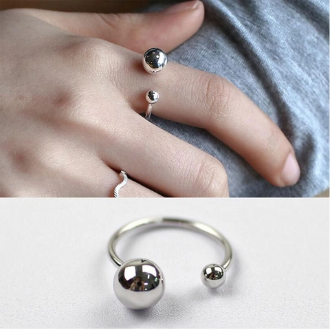 Minimalistische Bal Open Ring Platina Verguld Koper Verstelbare Dubbele Kraal Sieraden Voor Vrouwen Eenvoudige Stijl