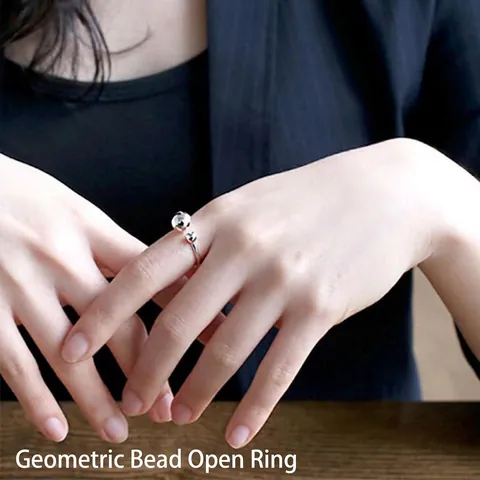 Minimalistische Bal Open Ring Platina Verguld Koper Verstelbare Dubbele Kraal Sieraden Voor Vrouwen Eenvoudige Stijl
