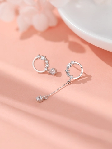 Asymmetrische Kreis Ohrstecker Für Damen Platinierte Kupfer Mit 925 Sterling Silber Ohrstecker Zirkonia Lange Kette