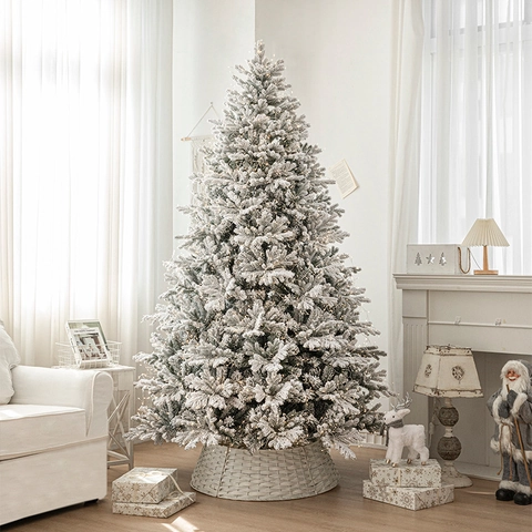 Large Artificial Flocked Christmas Tree With Warm LED Lights Snowy Mixed PVC PE Needles Densely Packed Xmas Tree Decoration
