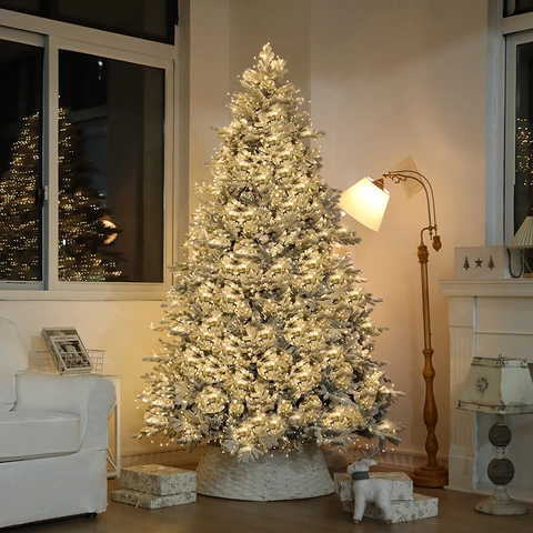Large Artificial Flocked Christmas Tree With Warm LED Lights Snowy Mixed PVC PE Needles Densely Packed Xmas Tree Decoration
