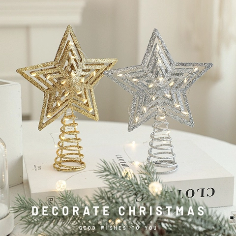 Puntale Per Albero Di Natale A Stella Luminoso Ferro Metallo Glitter Luce Calda Svuotato Decorazione Per Feste