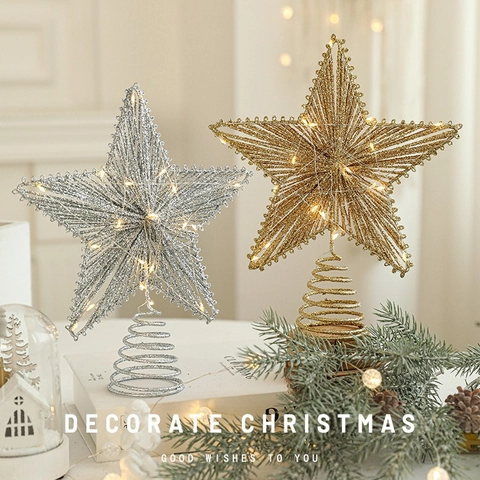 Estrella Para Copa De Árbol De Navidad Hierro Purpurina LED Adorno Luminoso Decoración De Fiesta De Vacaciones