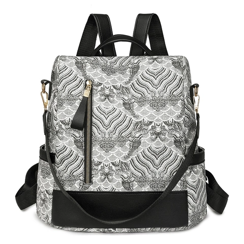 Damen Vintage Rucksack Traditionelles Chinesisches Muster Jacquard Stoff Große Kapazität Kunstleder Patchwork Tagesrucksack