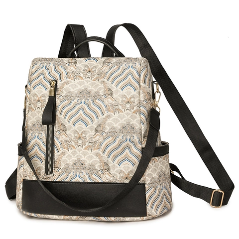 Damen Vintage Rucksack Traditionelles Chinesisches Muster Jacquard Stoff Große Kapazität Kunstleder Patchwork Tagesrucksack