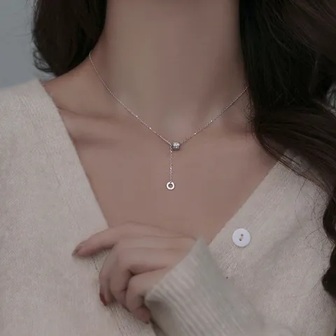 Cylindrical Pavé Zirconia Y-Shaped Lariat Necklace Copper Plated Geometric Minimalist Dainty Jewelry For Women